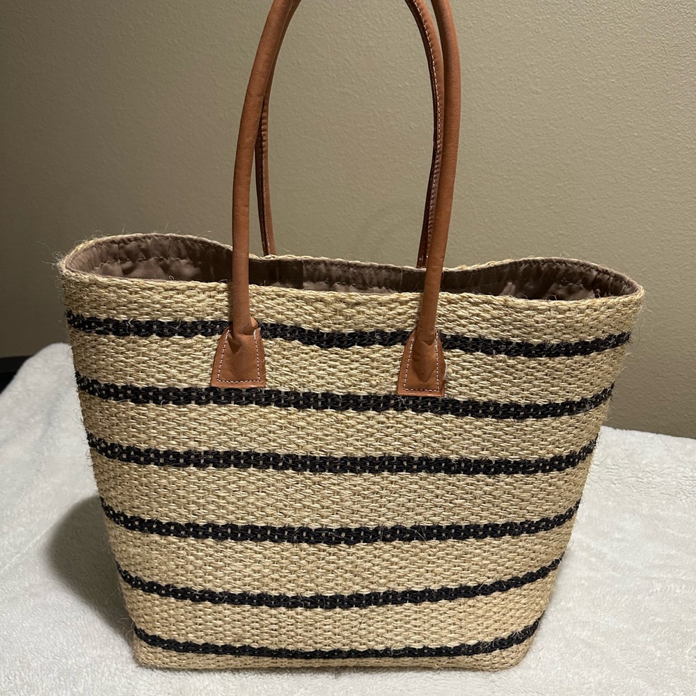 Striped Tan and Black Woven Tote Bag